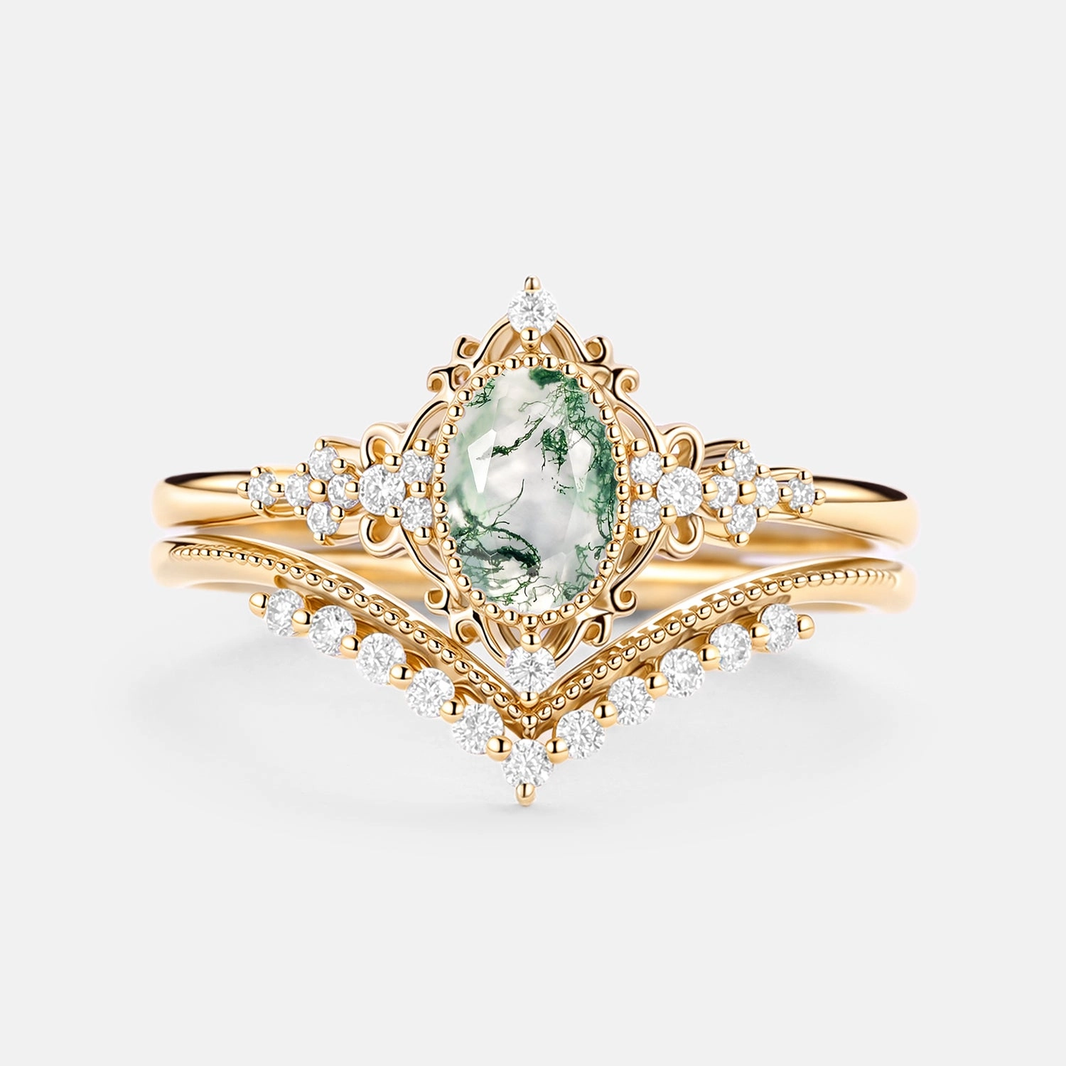 Oval Cut Vintage Moss Agate Engagement Ring Set 2pcs - Eira Cozy Glow
