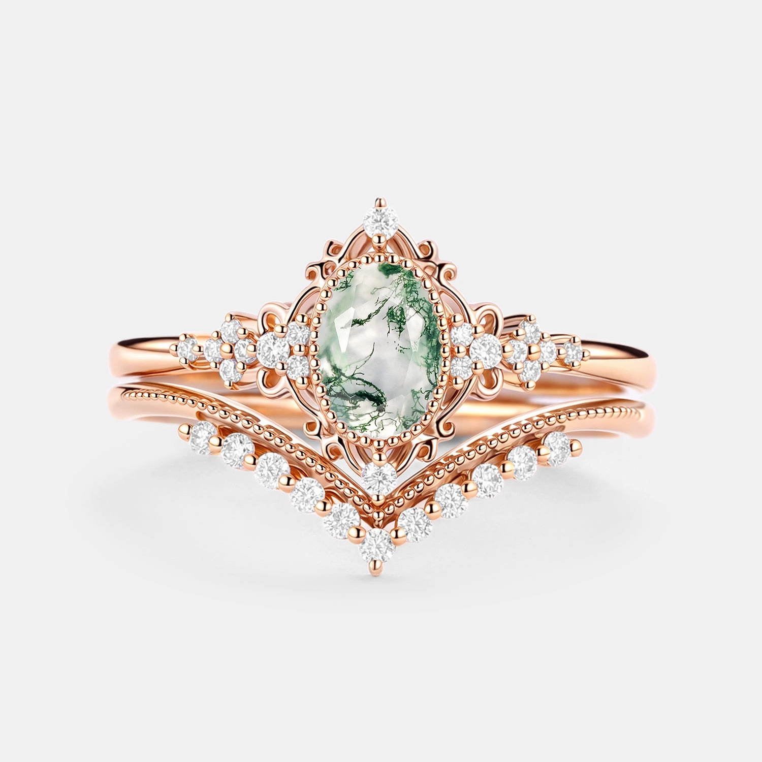 Oval Cut Vintage Moss Agate Engagement Ring Set 2pcs - Eira Minimal Fashion Refined Touch