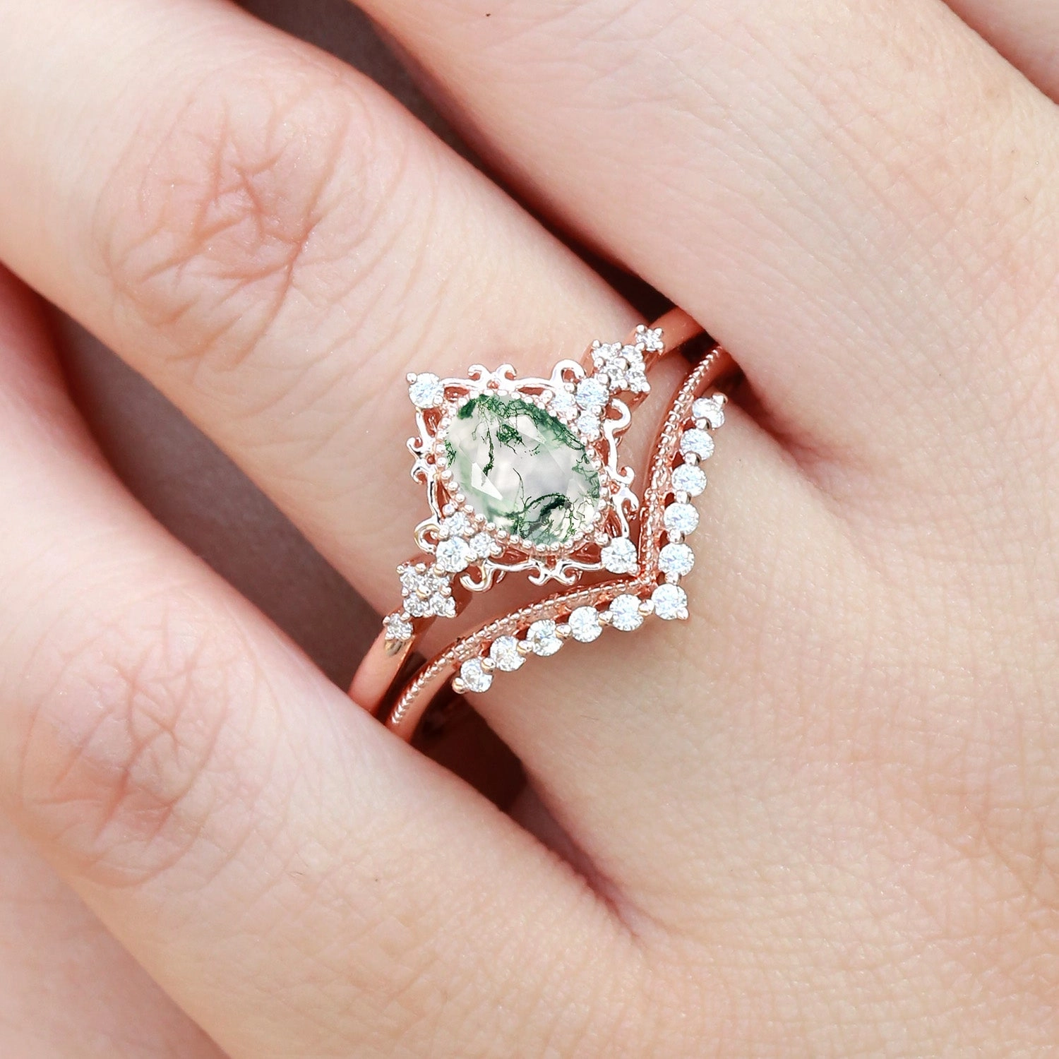 Polished Radiance Shiny Layer Oval Cut Vintage Moss Agate Engagement Ring Set 2pcs - Eira