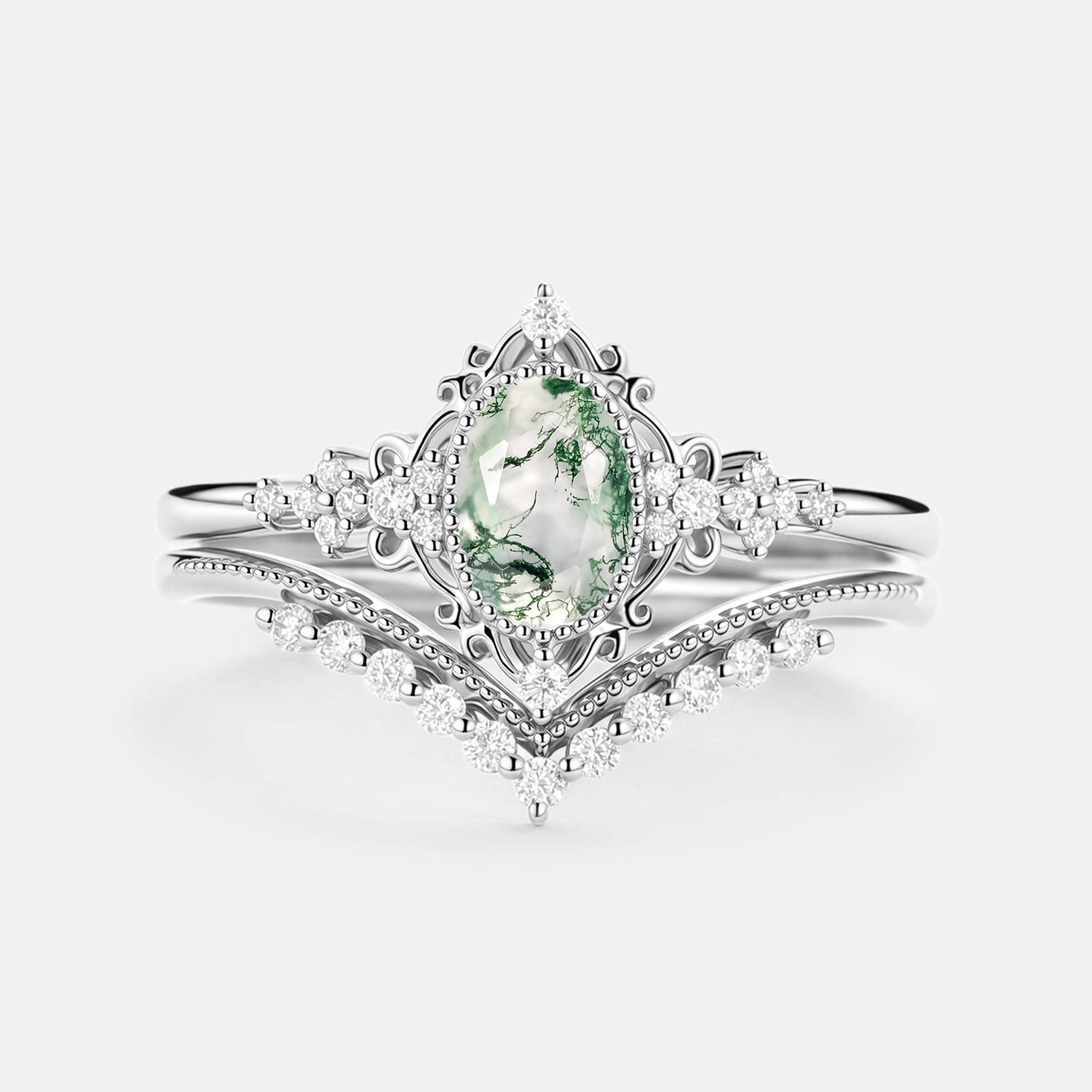 Oval Cut Vintage Moss Agate Engagement Ring Set 2pcs - Eira Gorgeous Finish Luxury Design Pieces