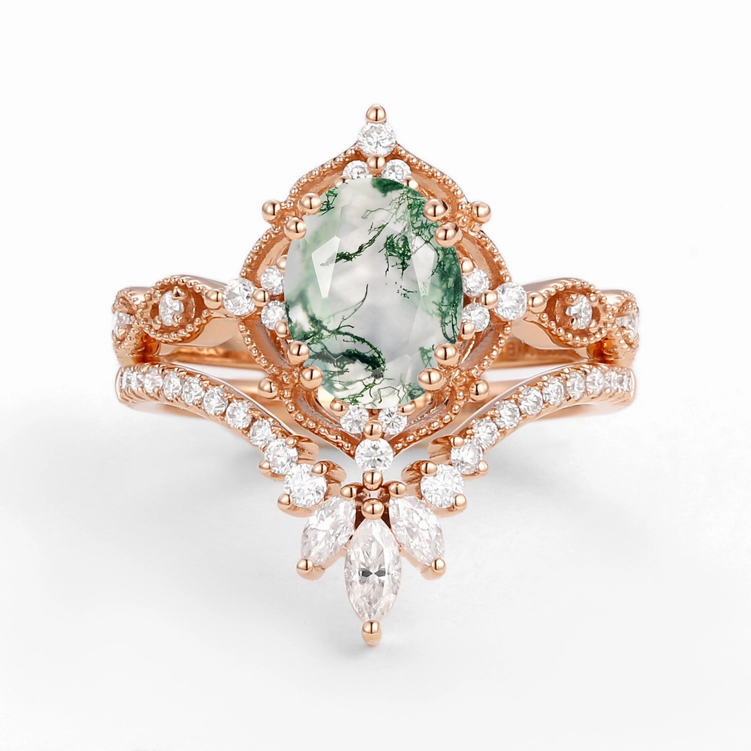 Oval Cut Vintage Moss Agate Engagement Ring Set 2pcs - Soren Elegant Touch Pieces Flawless Cut