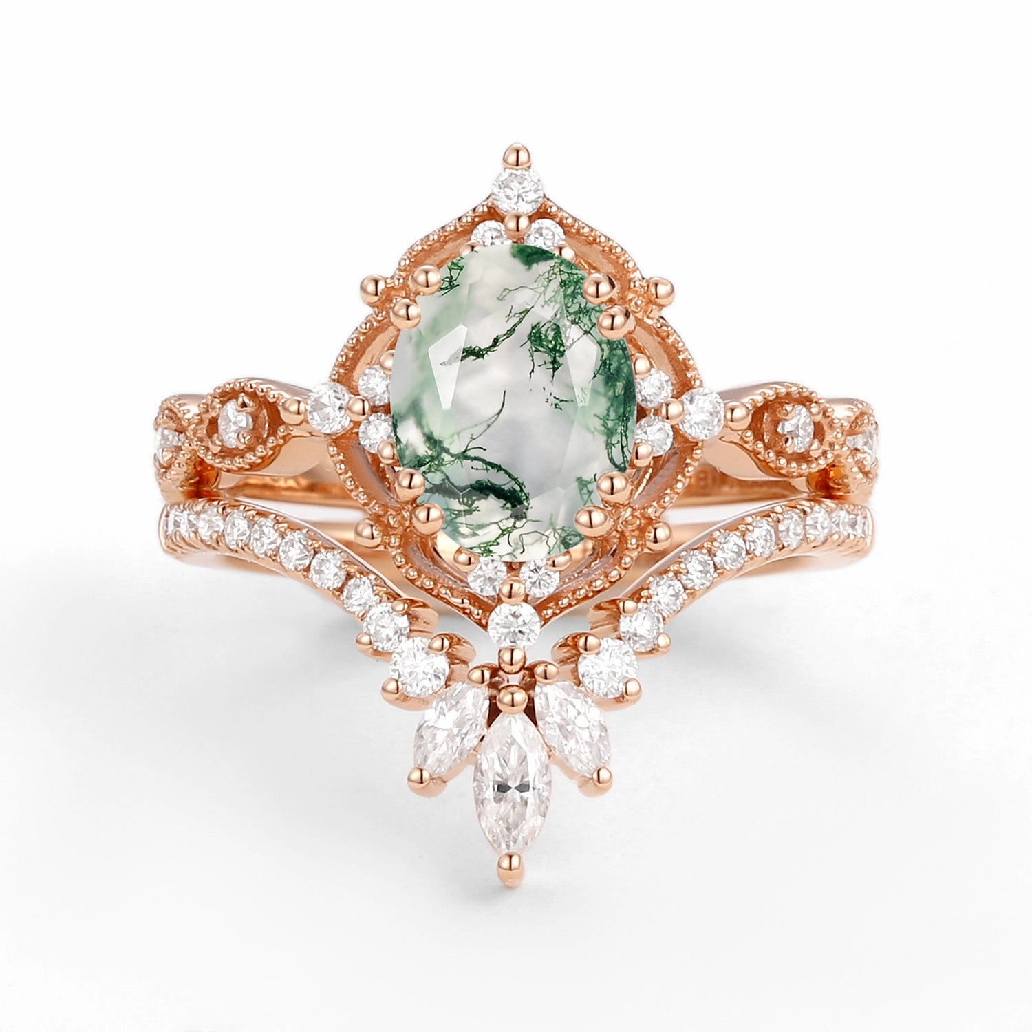 Oval Cut Vintage Moss Agate Engagement Ring Set 2pcs - Soren Charming Finish