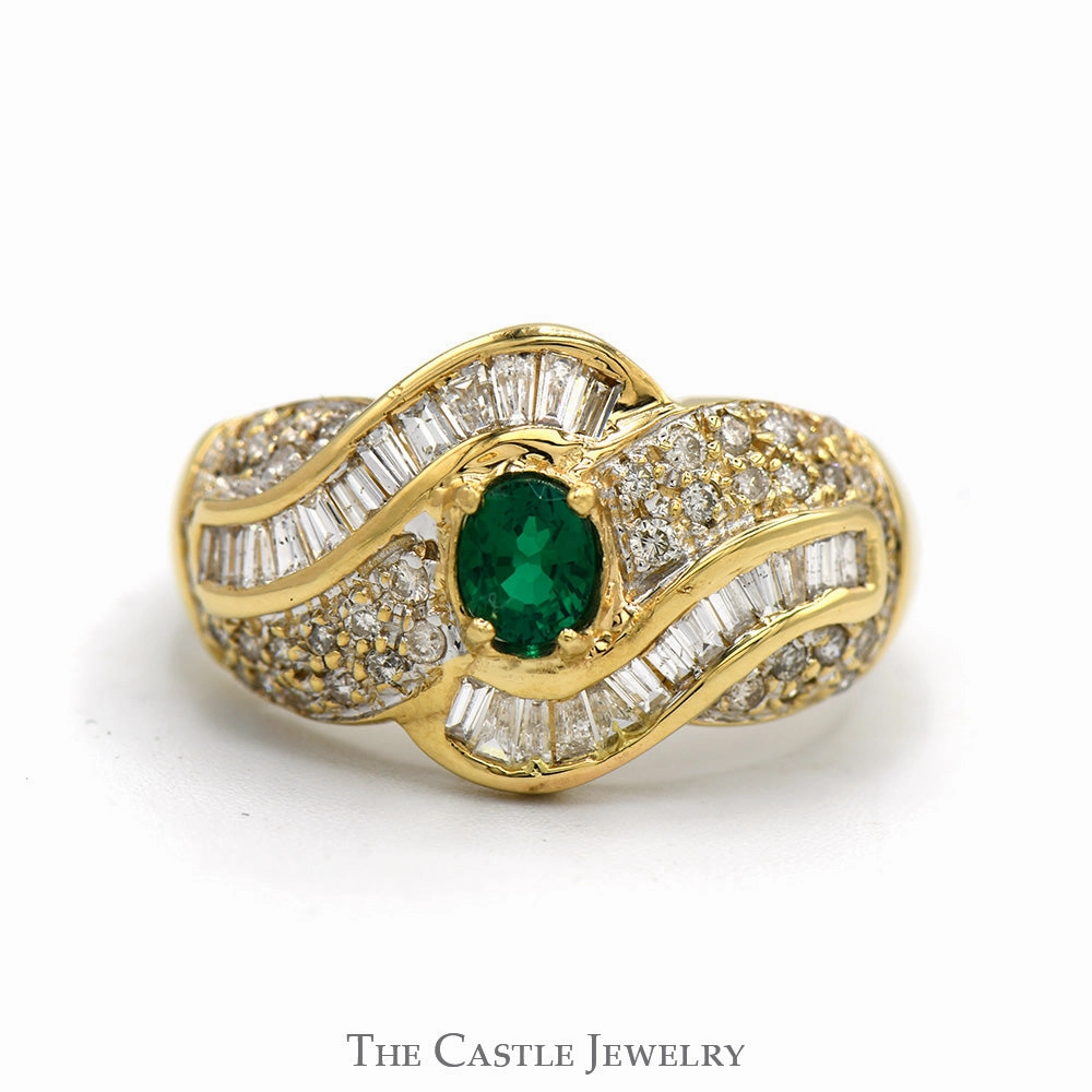 Oval Emerald Ring with Baguette and Round Diamond Accents in 14k Yellow Gold Excellent Embellishment