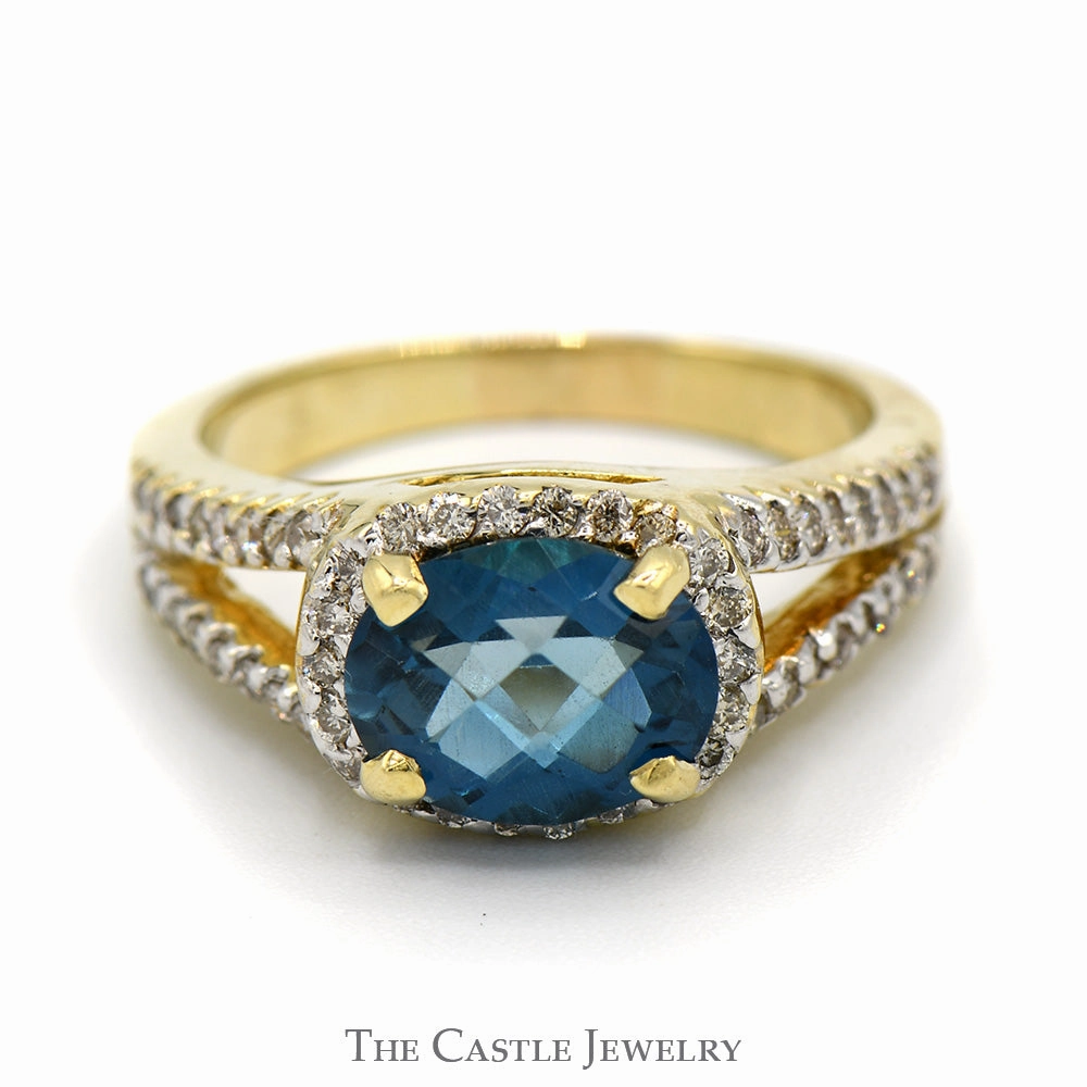 Fashionable Ornament Lightweight Craft Oval Fantasy Cut Blue Topaz Ring with Diamond Accents in 14k Yellow Gold Split Shank Setting