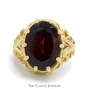 Oval Garnet Ring in Open Rope Designed Mounting in 14k Yellow Gold Everyday Design