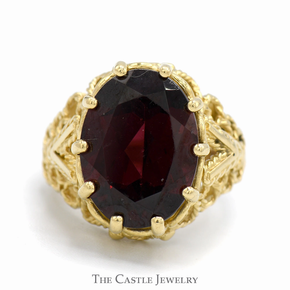 Oval Garnet Ring in Open Rope Designed Mounting in 14k Yellow Gold Everyday Design