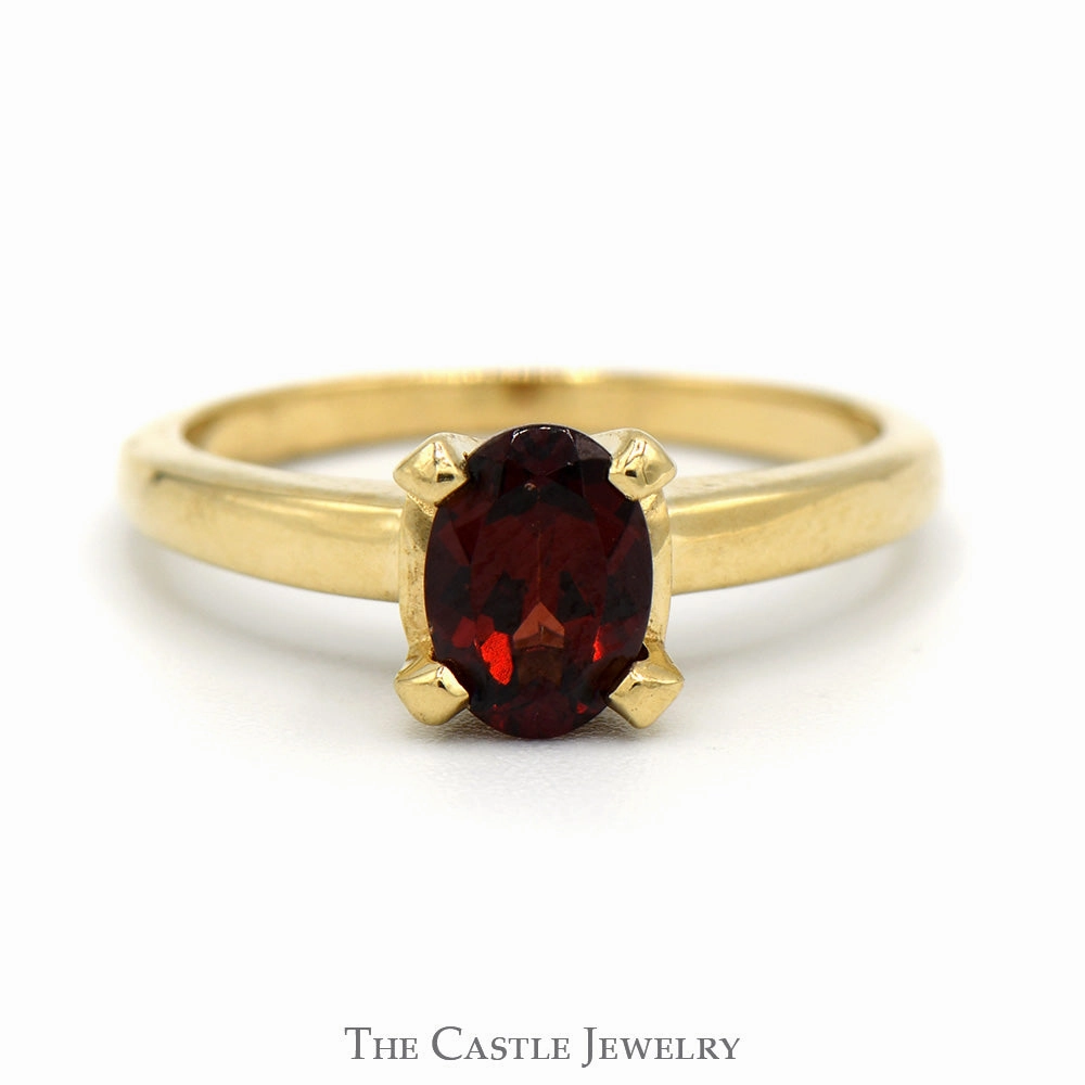 Oval Garnet Solitaire Ring in 14k Yellow Gold 4 Prong Setting Neutral Feature