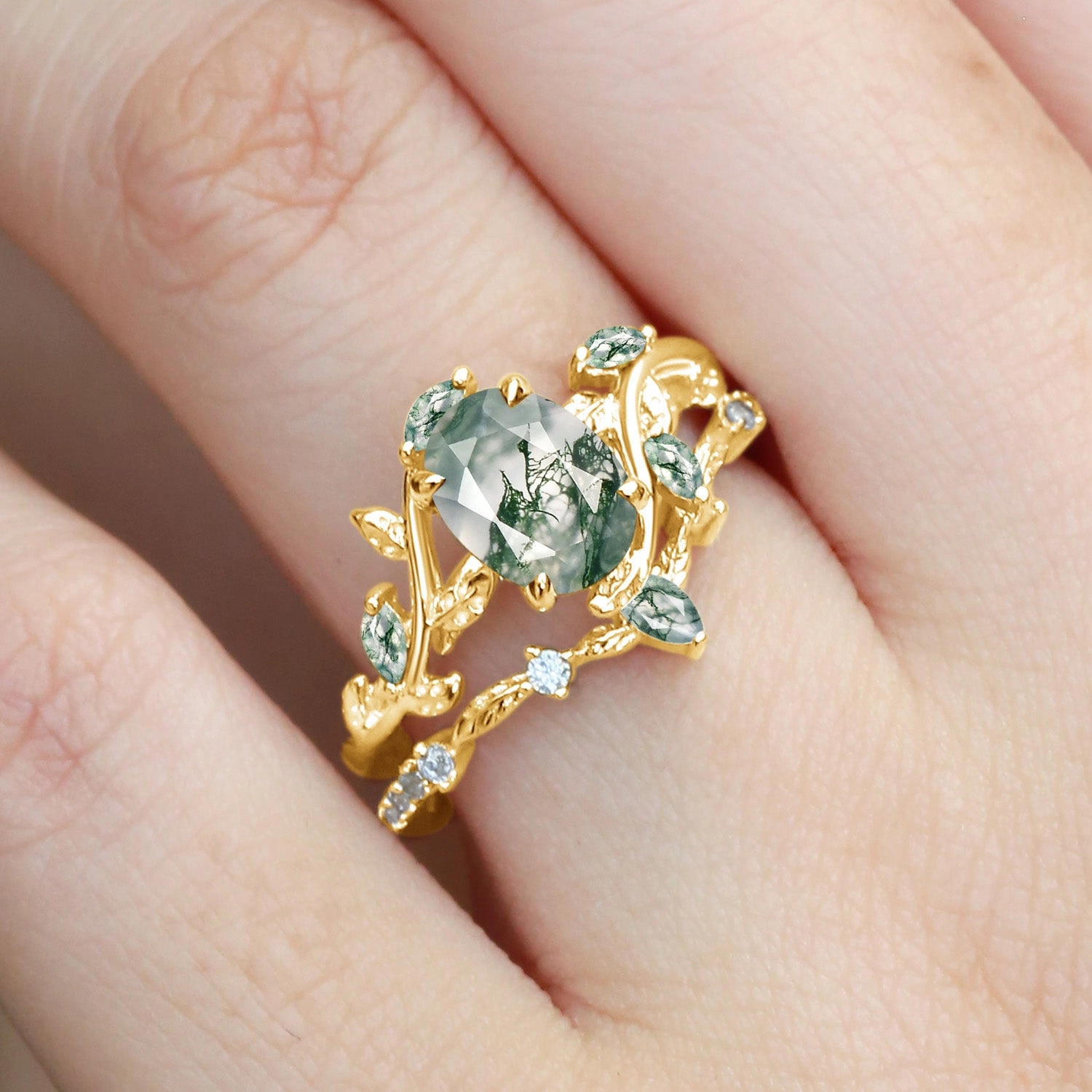Vibrant Touch Pieces Oval Green Moss Agate Vine Engagement Ring Set 2pcs - Daphne