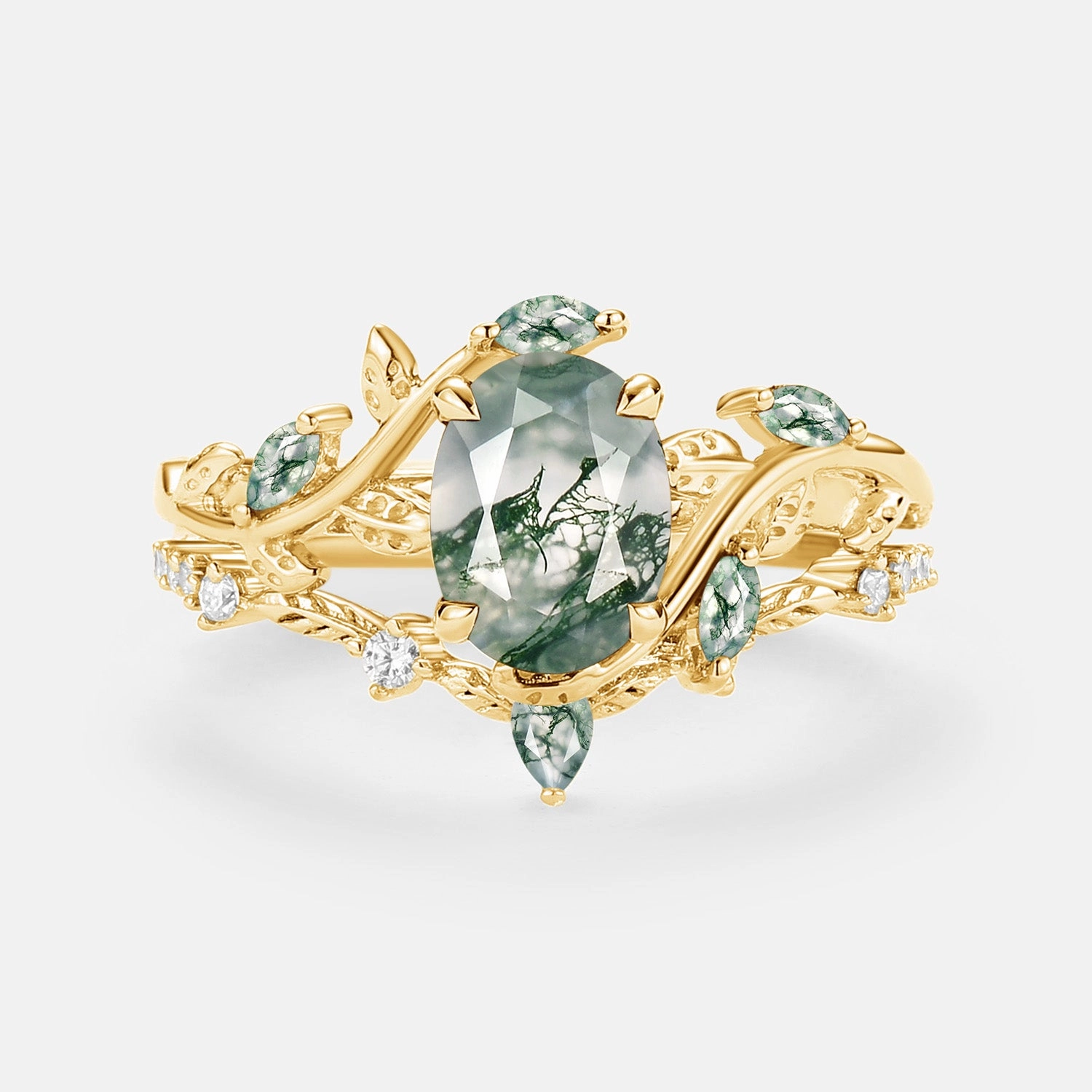 Vogue Feature Oval Green Moss Agate Vine Engagement Ring Set 2pcs - Daphne