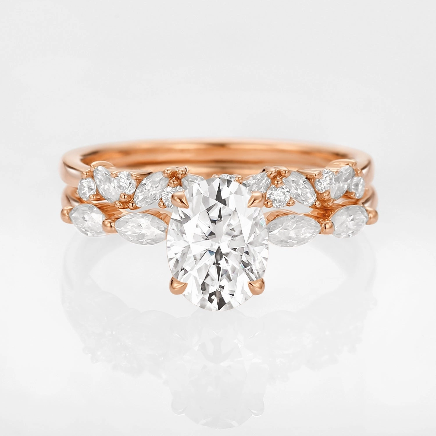 Fashionable Edge Striking Detail Oval Moissanite Cluster Marquise Ring Set 2pcs - Isabella