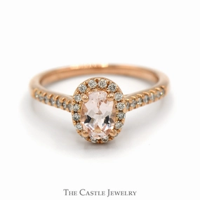 Subtle Mood Protective Coating Oval Morganite Ring with Diamond Halo and Accented Sides in 14k Rose Gold