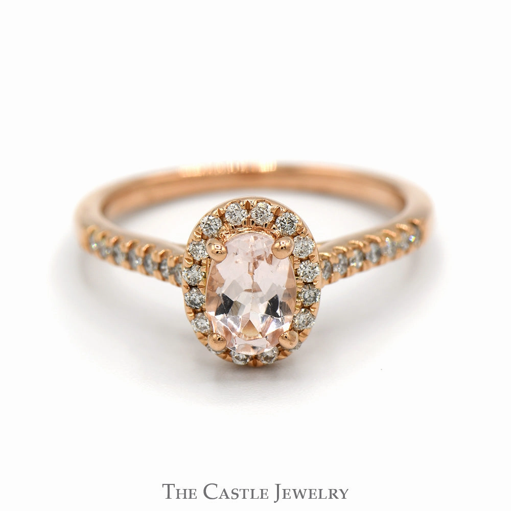 Subtle Mood Protective Coating Oval Morganite Ring with Diamond Halo and Accented Sides in 14k Rose Gold