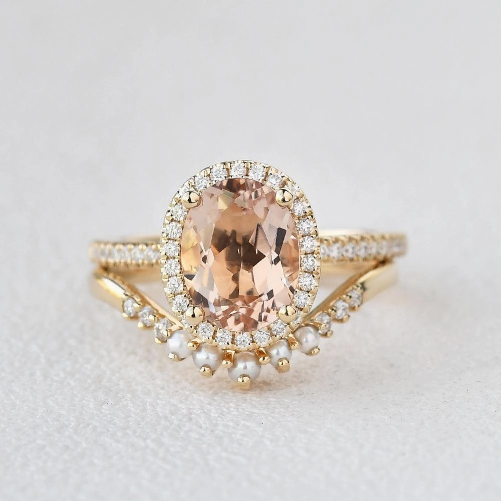 Subtle Fit Oval Peachy Morganite & Pearls Yellow Gold Ring Set 2pcs