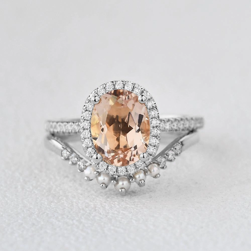 Formal Vibe Oval Peachy Morganite & Pearls Yellow Gold Ring Set 2pcs