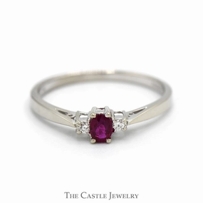 Excellent Statement Gentle Contour Oval Ruby Ring with Diamond Accents in 14k White Gold