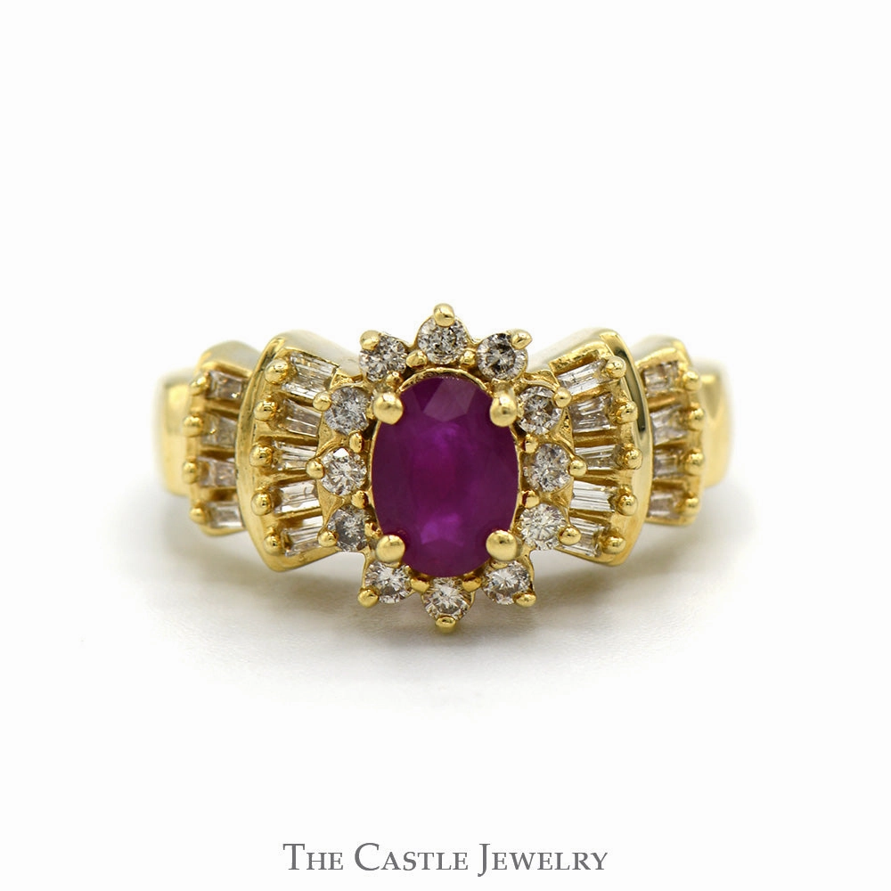 Oval Ruby Ring with Diamond Halo and Baguette Cut Accented Sides in 14k Yellow Gold Shiny Adornment Glam Choice