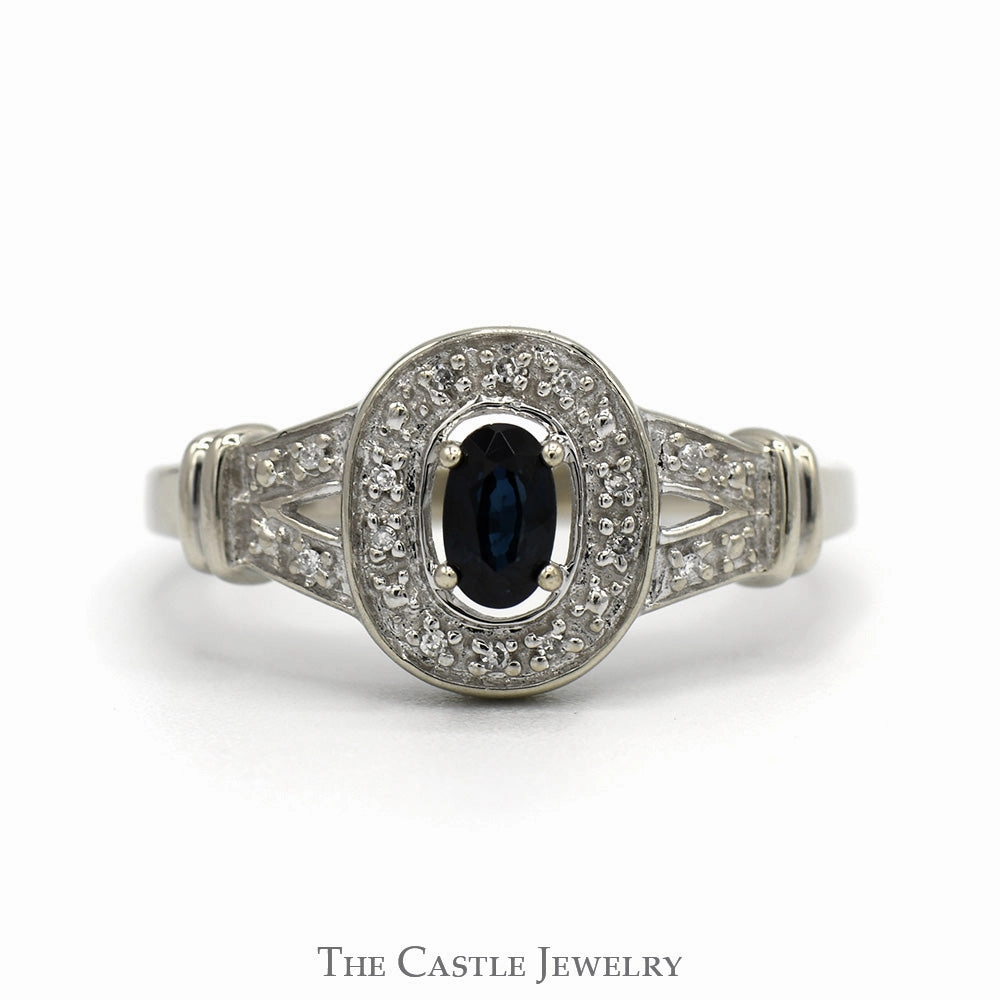 Oval Sapphire Ring with Illusion Set Diamond Halo and Accented Split Shank Sides in 10k White Gold Custom Accessory