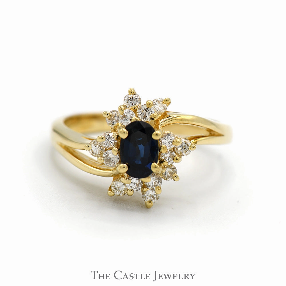 Oval Sapphire Ring with Starburst Designed Diamond Halo in 14k Yellow Gold Daywear Style Digital Product