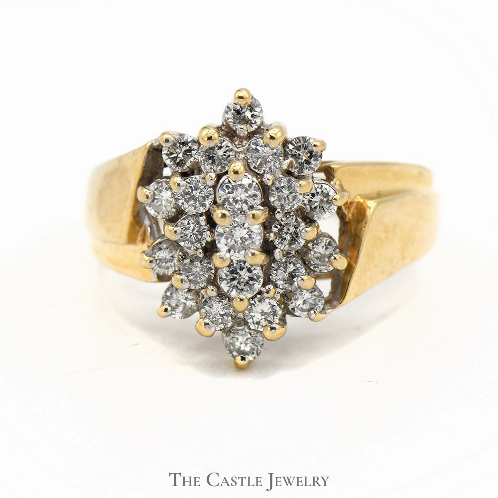 Polished Edge Oval Shaped 1cttw Diamond Cluster Ring with Open Ridged 14k Yellow Gold Setting