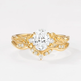 Romantic Event Oval Shaped Lab Grown Diamond Leafy Engagement Ring Set 2pcs