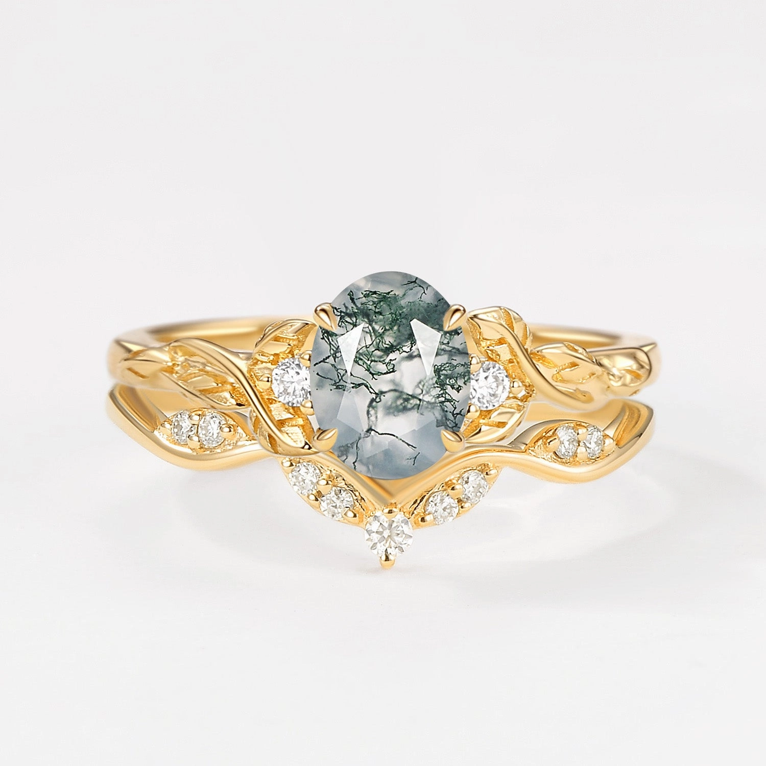Oval Shaped Moss Agate Leafy Engagement Ring Set 2pcs Handmade Shine