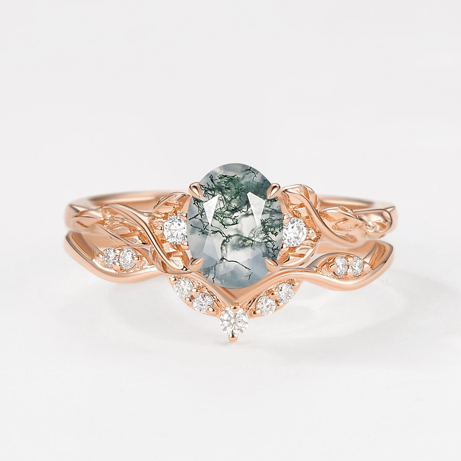 Oval Shaped Moss Agate Leafy Engagement Ring Set 2pcs Shine On Elegant flair