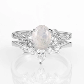 Classic Form Oval Shaped White Gold Moss Agate Leafy Ring Set 2pcs