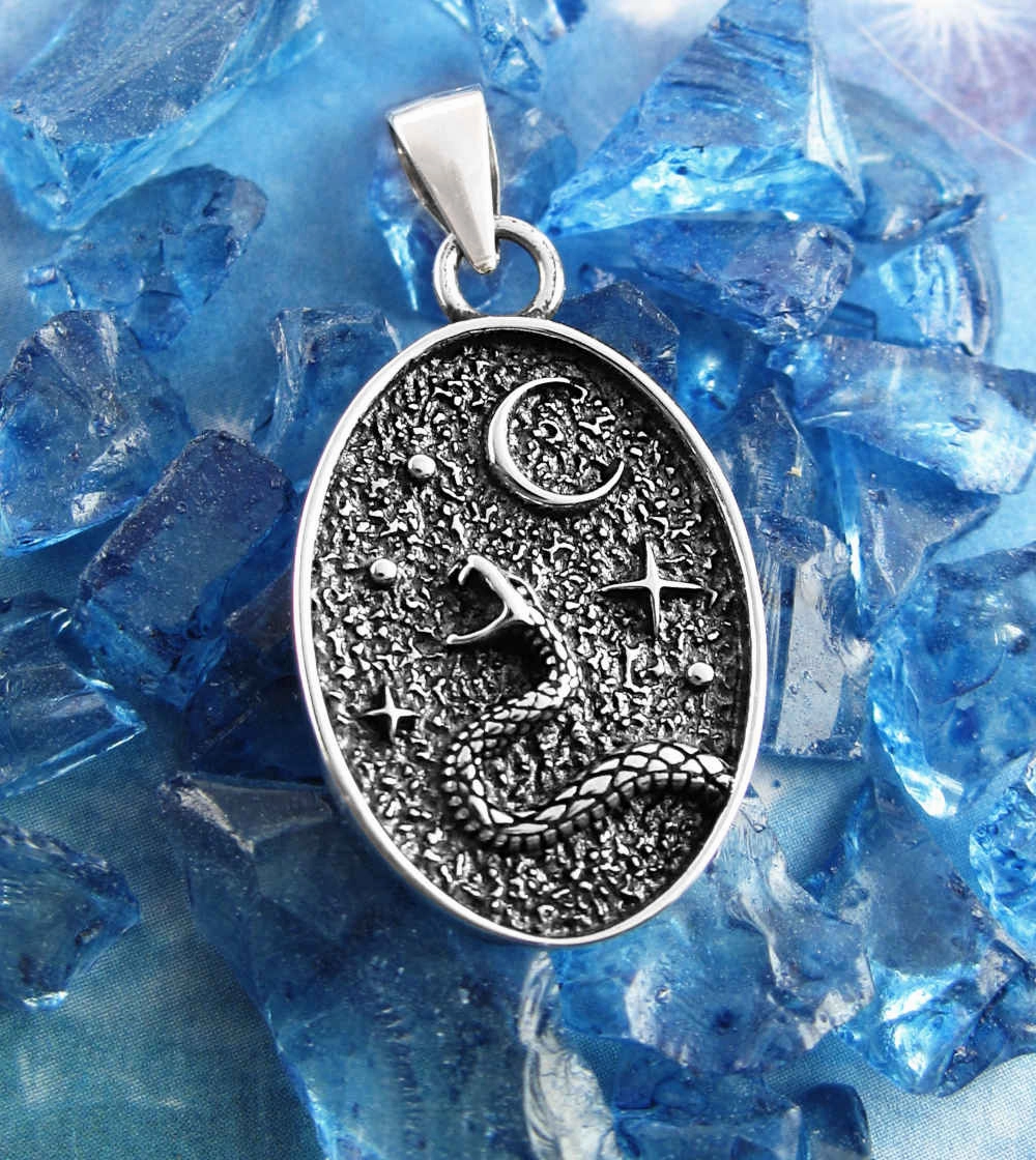 Oval Snake Pendant With Crescent Moon & Stars, Oxidized Signature Gift Artistic Present