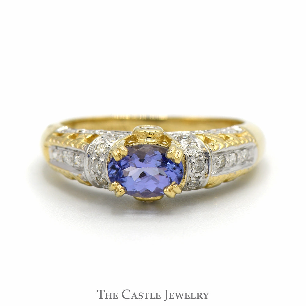 Neutral Accessory Oval Tanzanite Ring with Diamond Accented Sides in Ornate 14k Yellow Gold Mounting