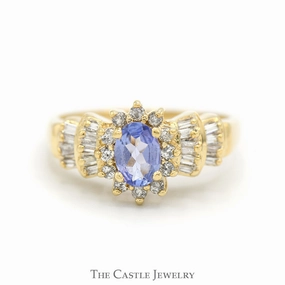 Oval Tanzanite Ring with Diamond Halo and Baguette Cut Accented Sides in 14k Yellow Gold Economical Symbol