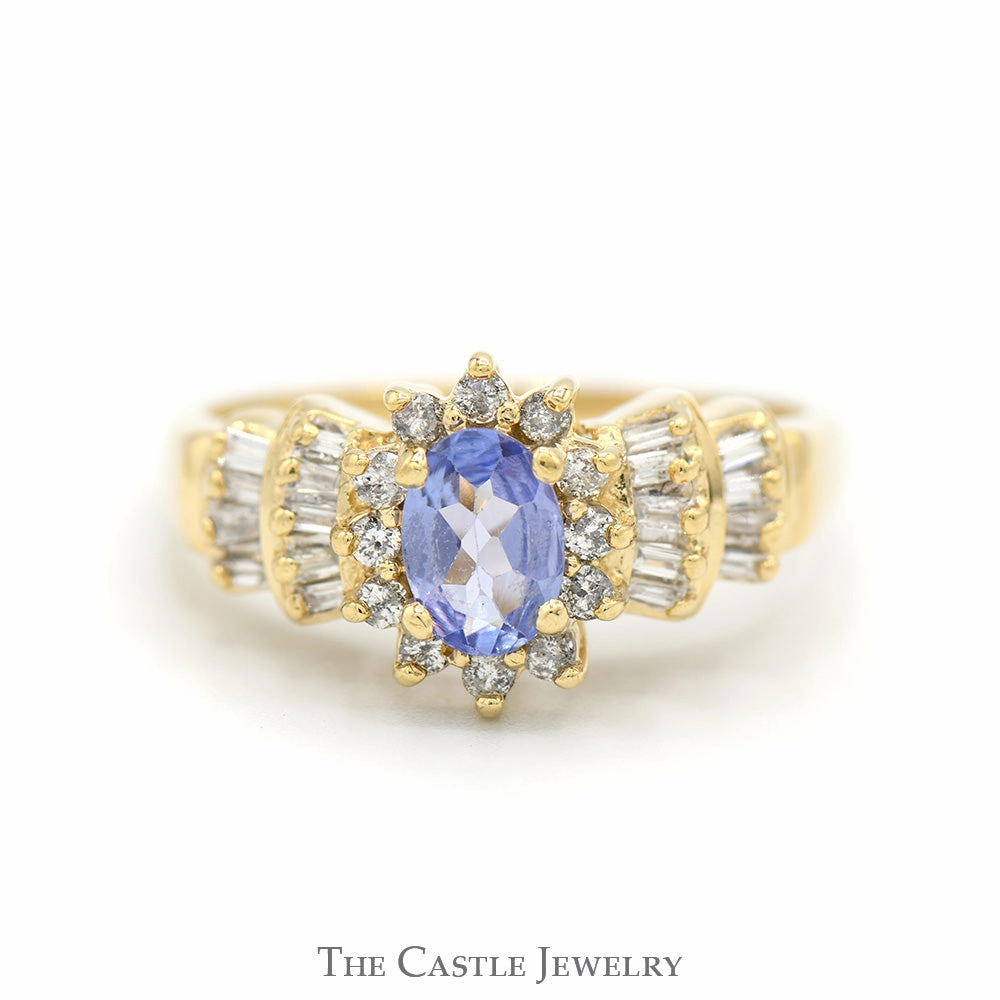 Oval Tanzanite Ring with Diamond Halo and Baguette Cut Accented Sides in 14k Yellow Gold Economical Symbol