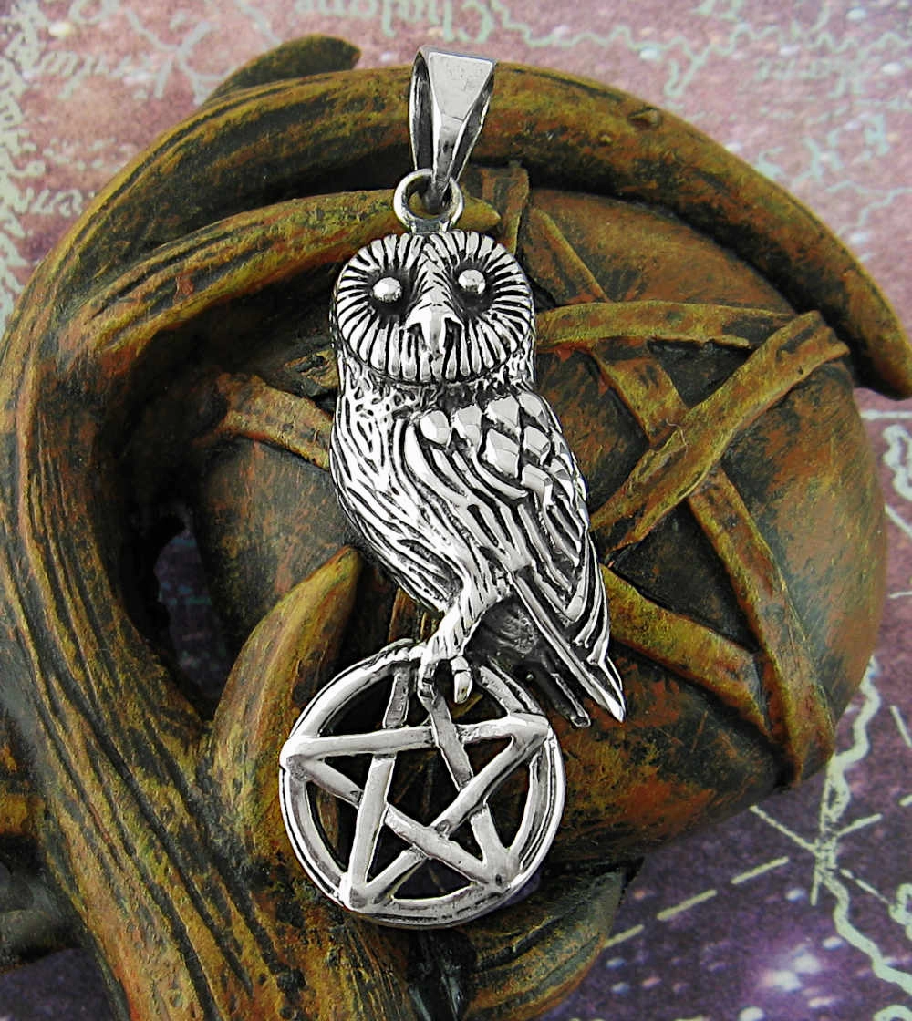 Owl Perched On Cut-Out Pentagram Pendant, Oxidized For Promotion Great Ornament