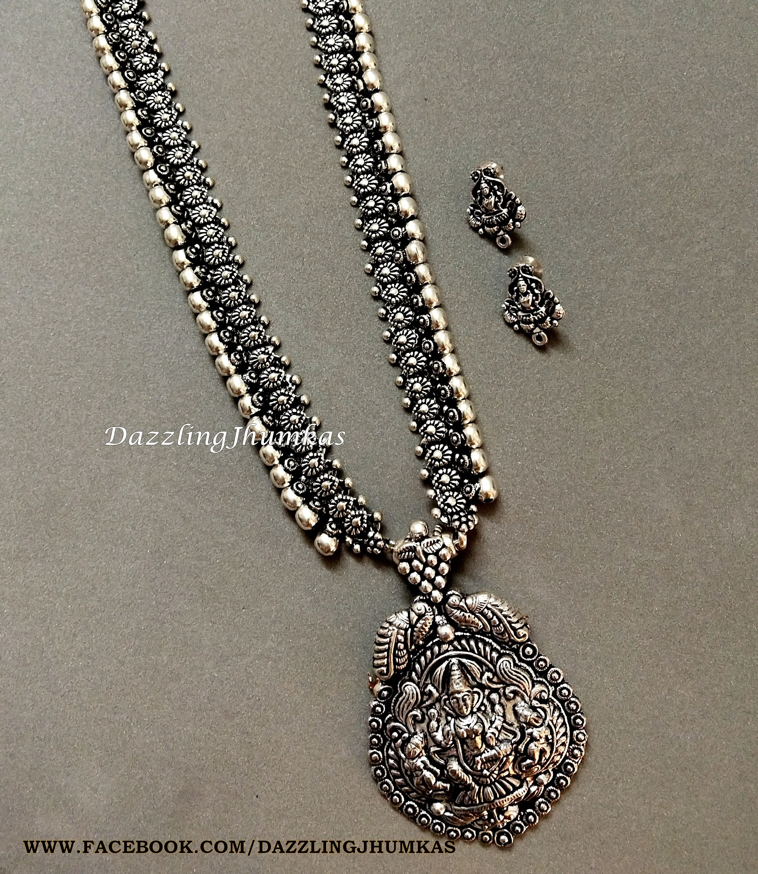Oxidised Silver Long Lakshmi Temple Haram - German Silver Indian Jewelry
