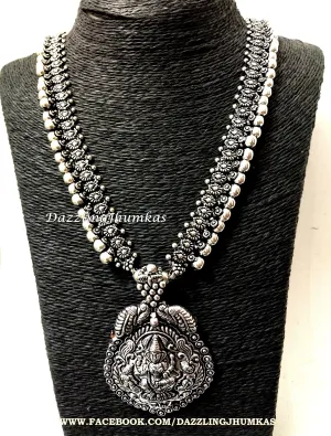 Oxidised Silver Long Lakshmi Temple Haram - German Silver Indian Jewelry
