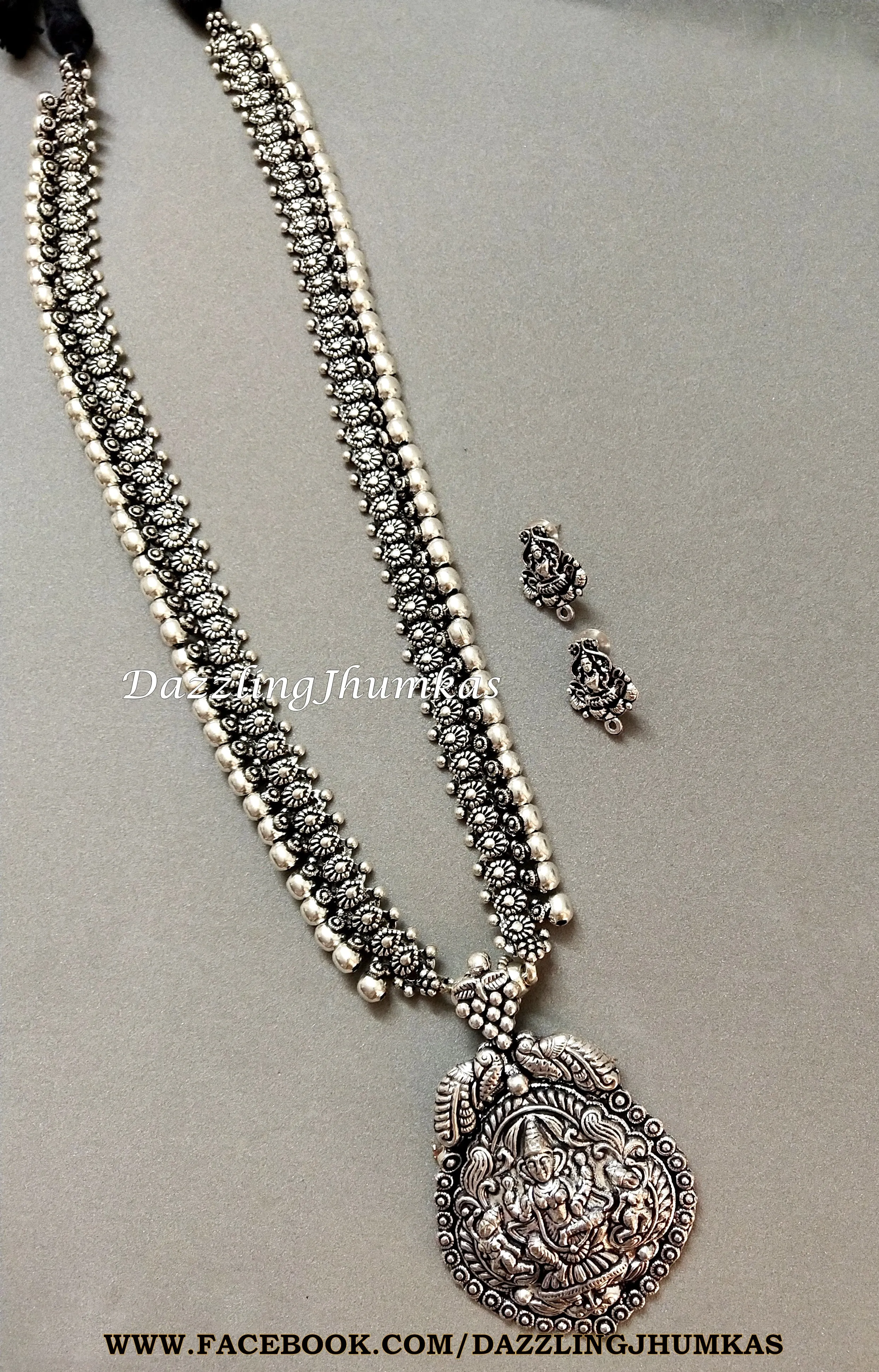 Oxidised Silver Long Lakshmi Temple Haram - German Silver Indian Jewelry