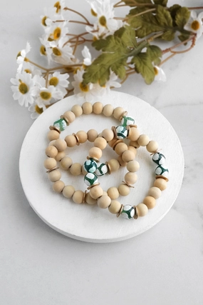 Hook Fasteners Top Shelf Wooden beads bracelet stack of 3 with animal print beads