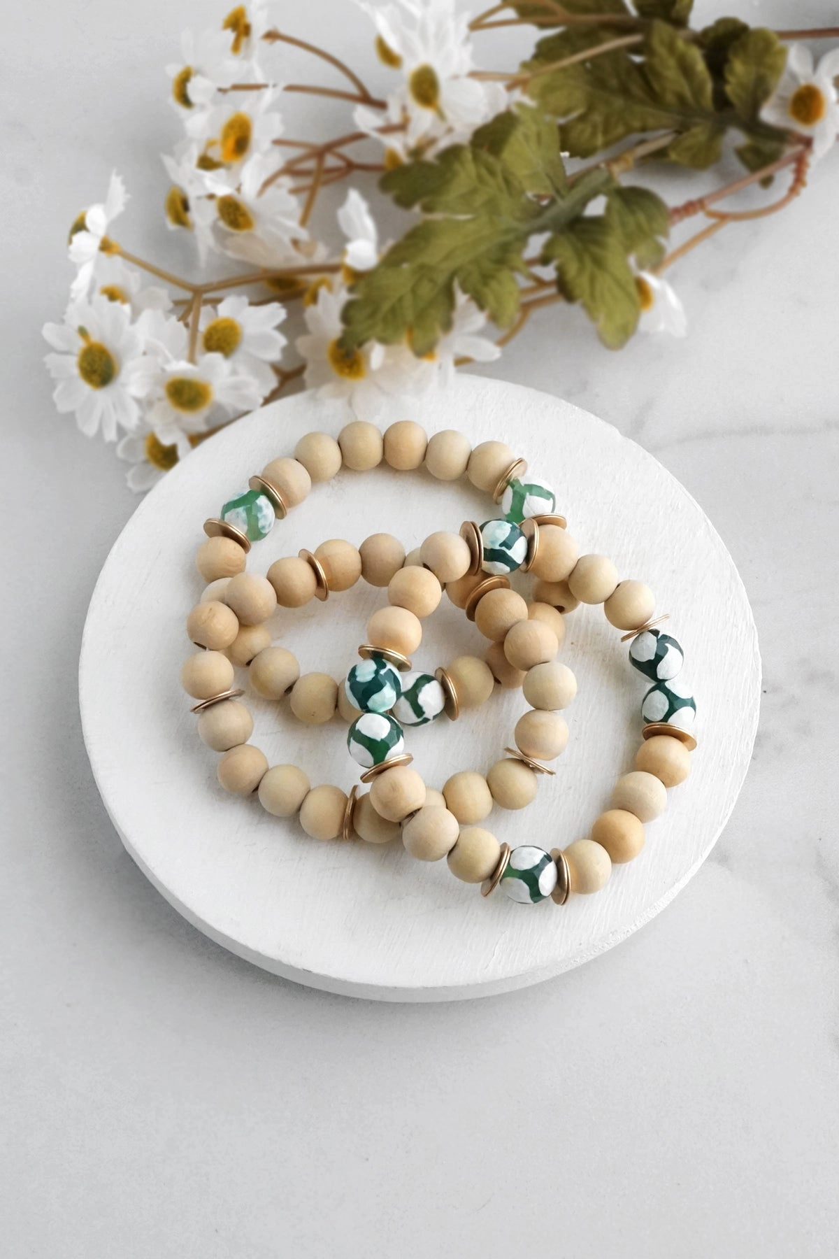 Hook Fasteners Top Shelf Wooden beads bracelet stack of 3 with animal print beads