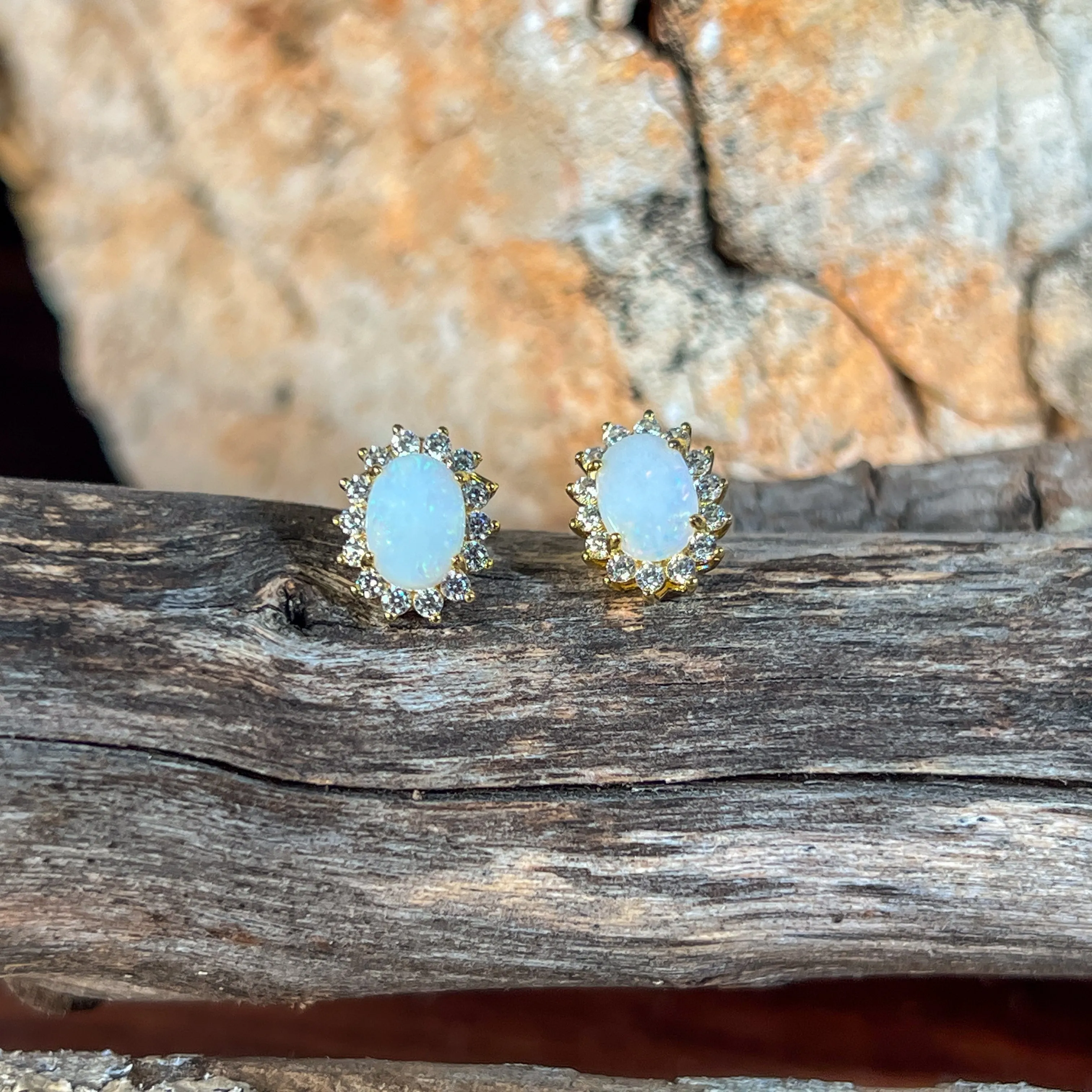 Pair of Gold plated silver White Opal cluster earring studs