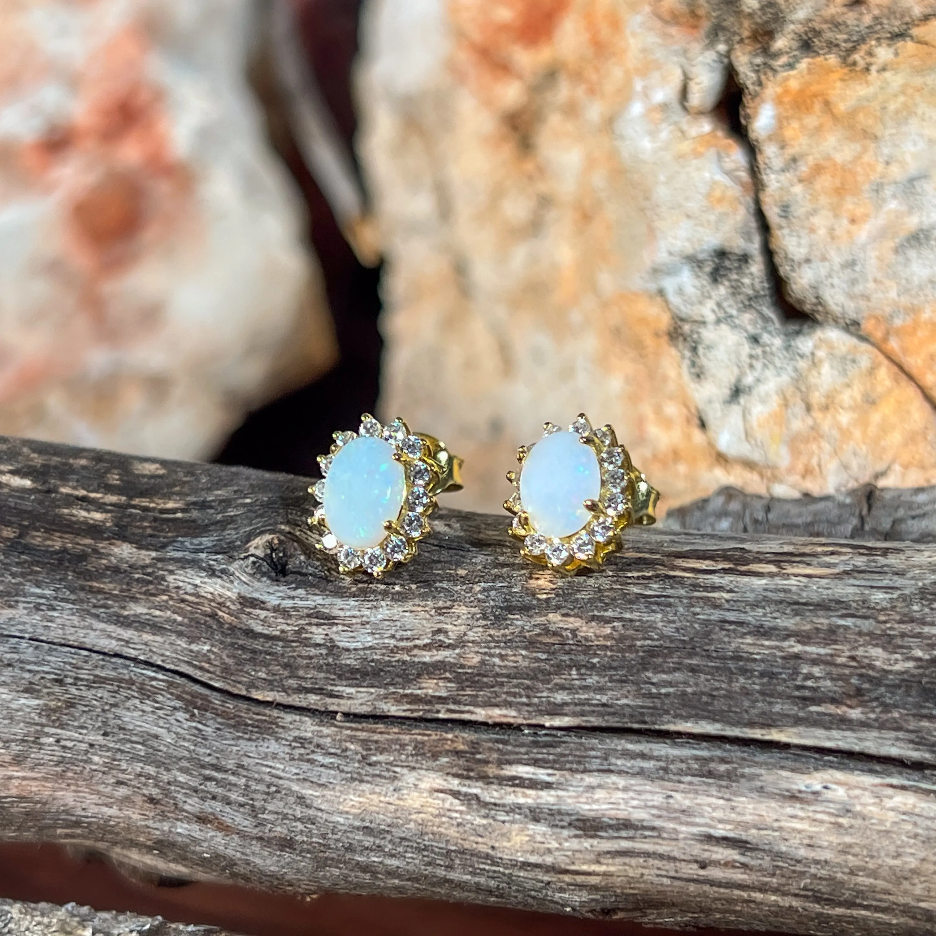 Pair of Gold plated silver White Opal cluster earring studs