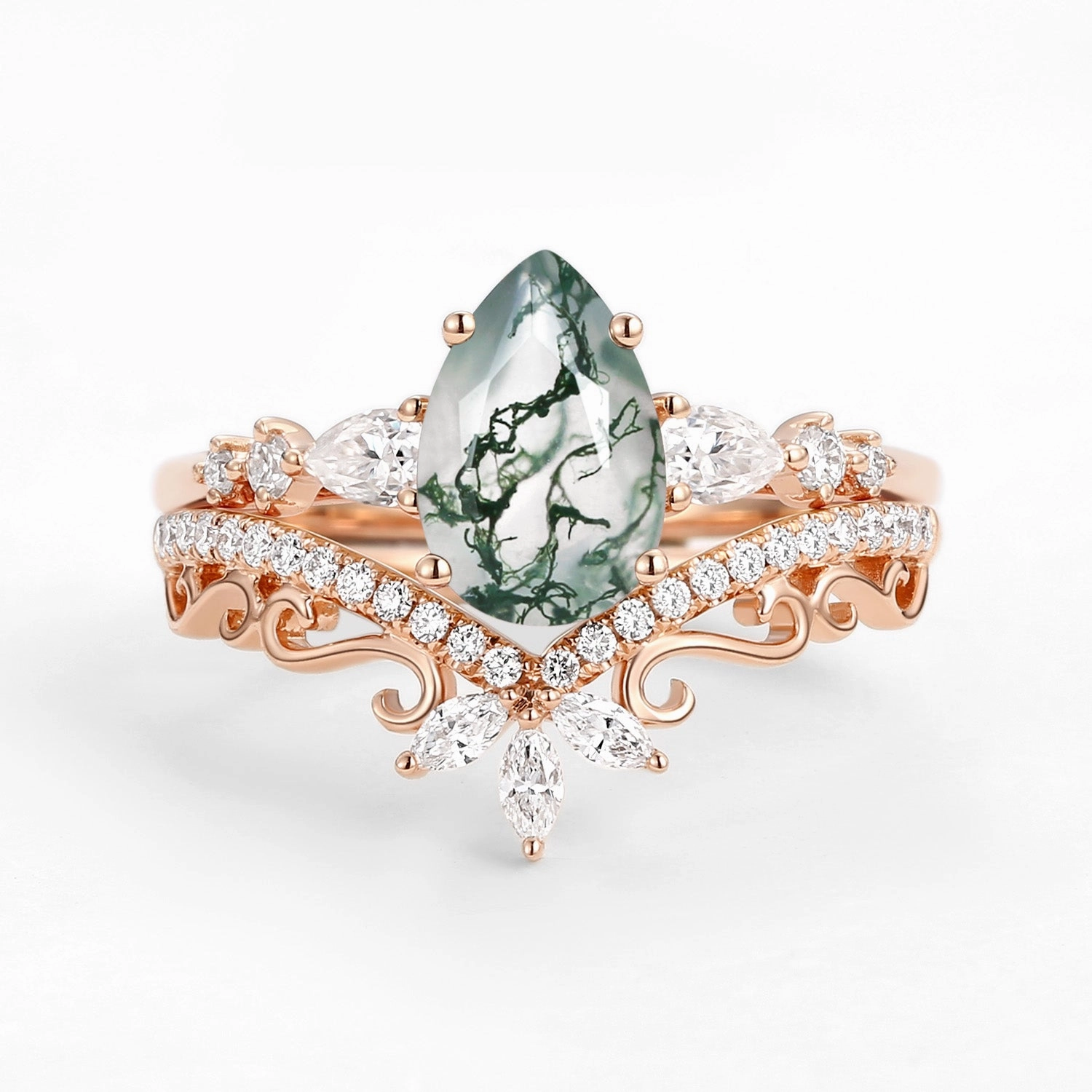 Timeless Detail Signature Vintage Pear Moss Agate Staccato Ring Set 2pcs