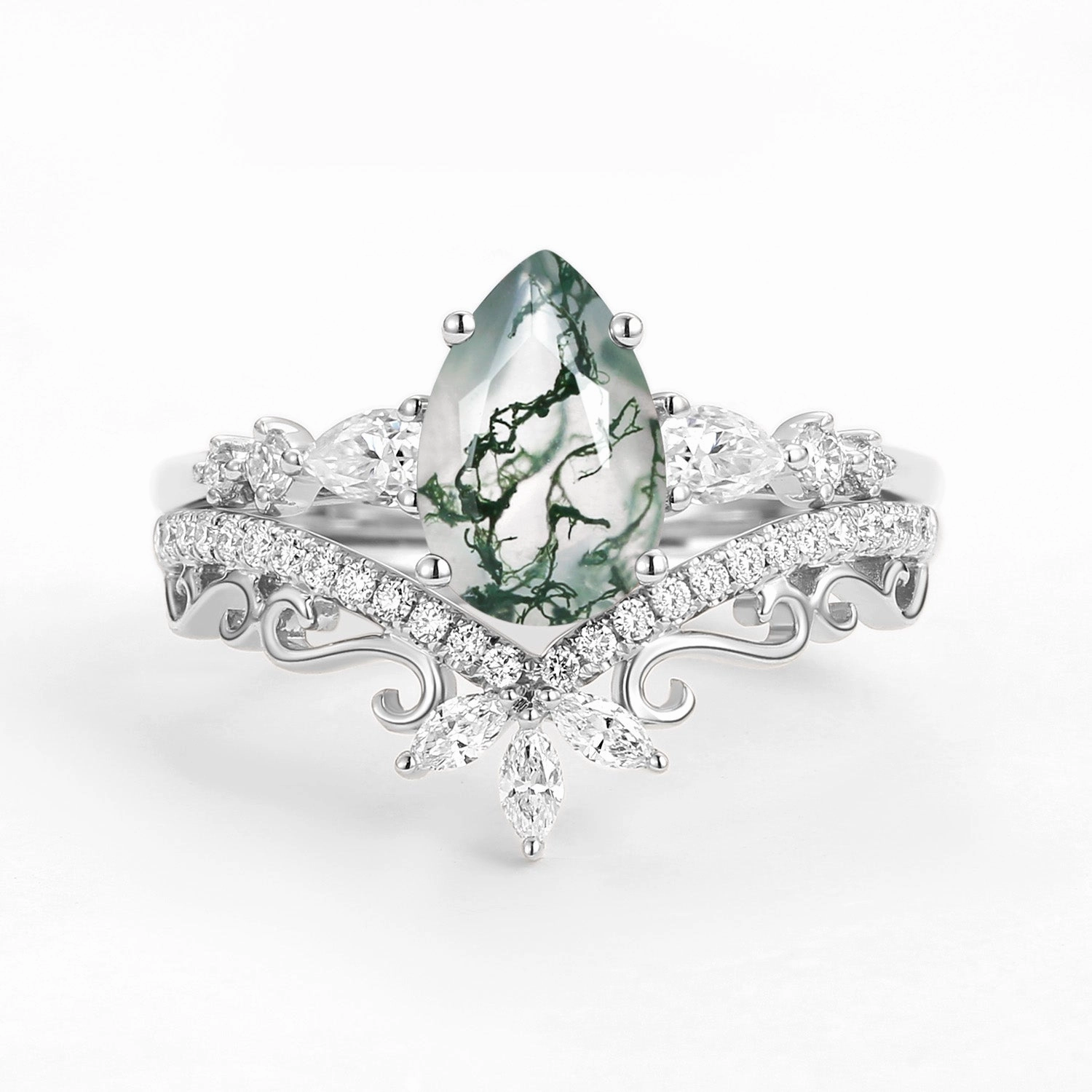 Precious Pieces Urban Style Signature Vintage Pear Moss Agate Staccato Ring Set 2pcs