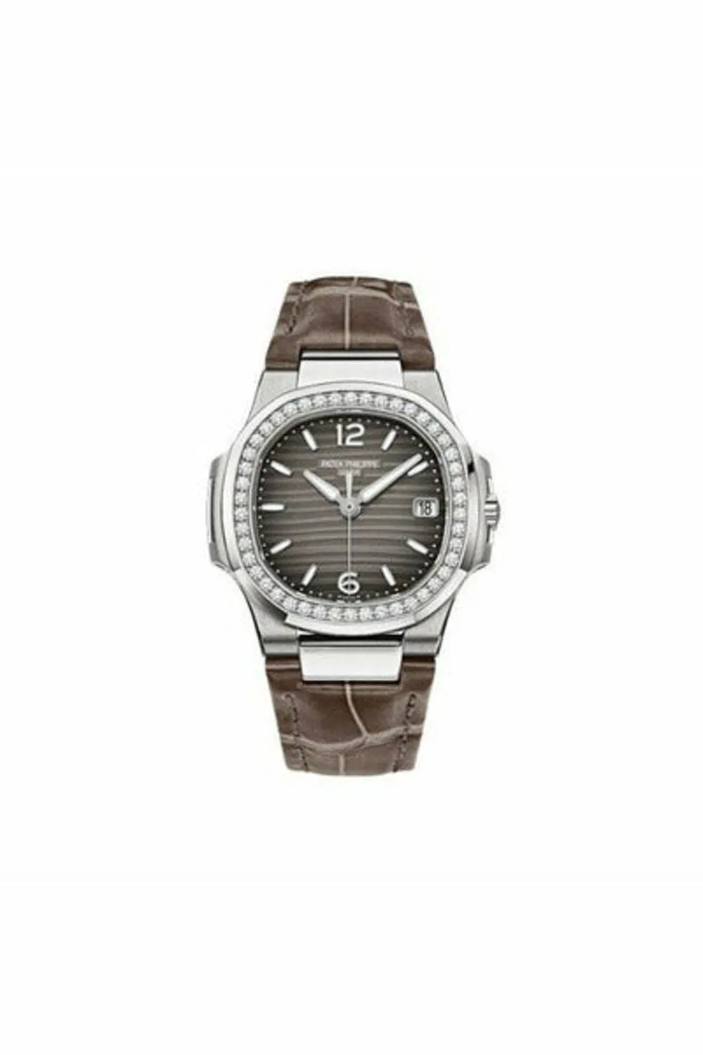patek philippe nautilus 7010g-012 white gold diamond bezel grey dial ladies watch
