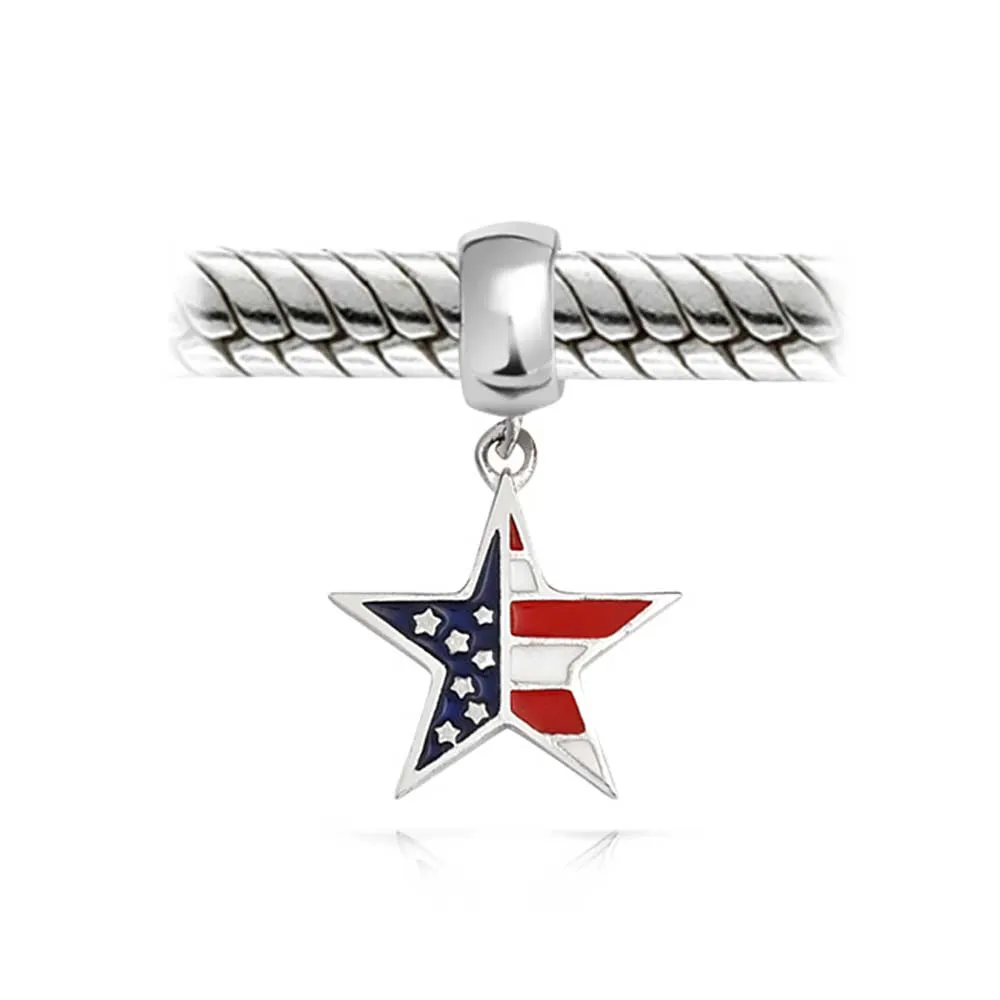 Patriotic Flag Star Dangle Charm Bead Sterling Silver for European Bracelet