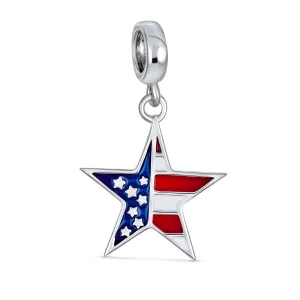 Patriotic Flag Star Dangle Charm Bead Sterling Silver for European Bracelet