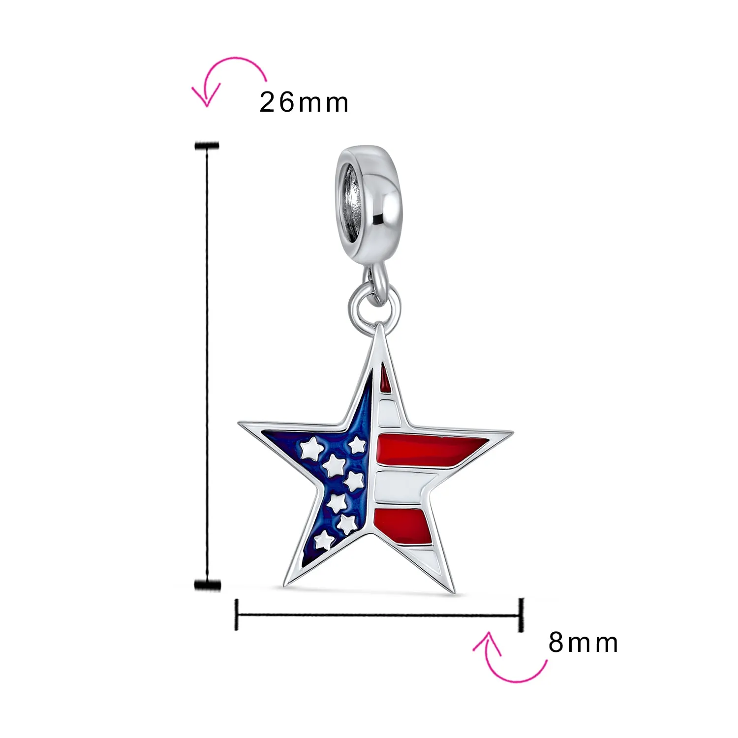 Patriotic Flag Star Dangle Charm Bead Sterling Silver for European Bracelet