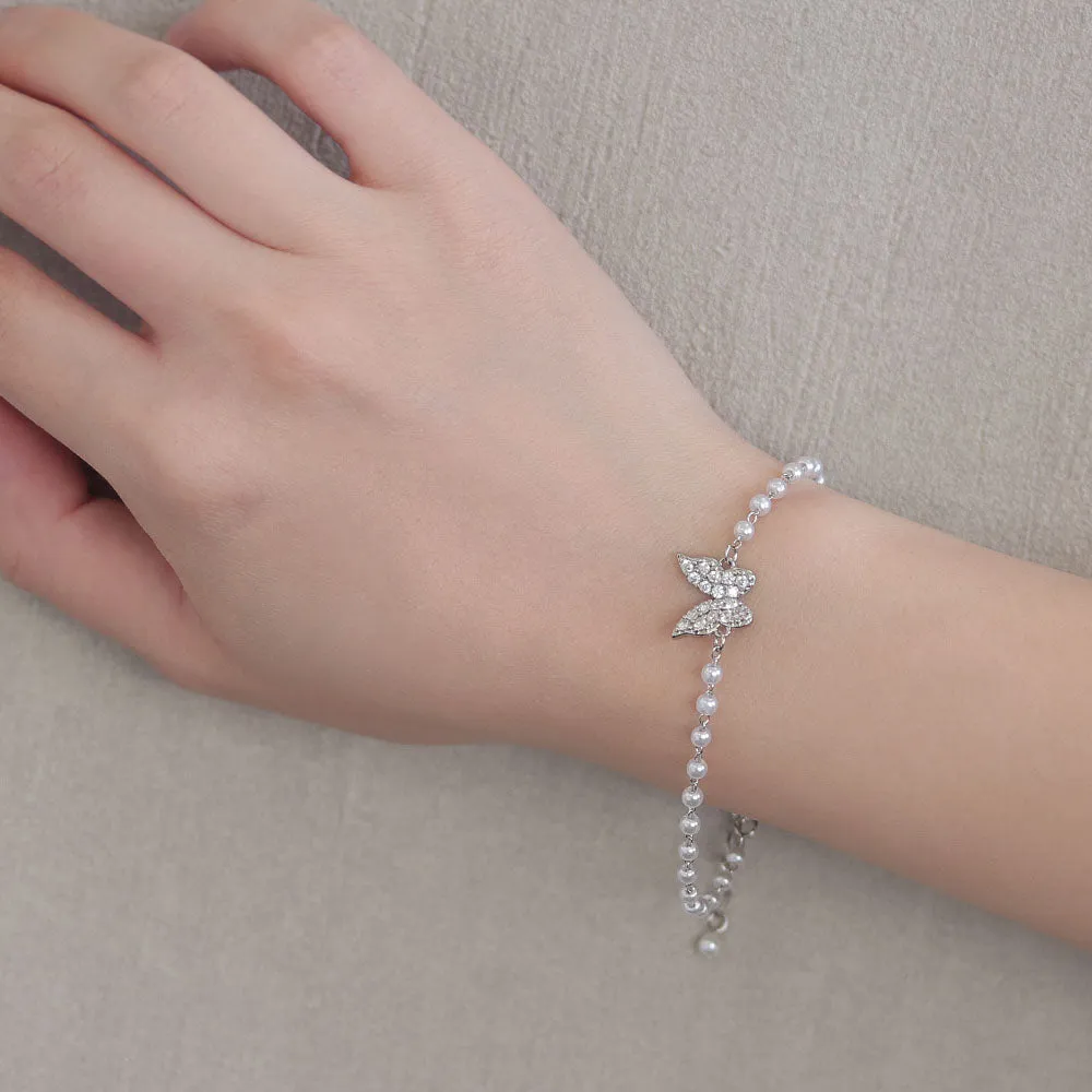 Pave Butterflu Pearly Chain Bracelet