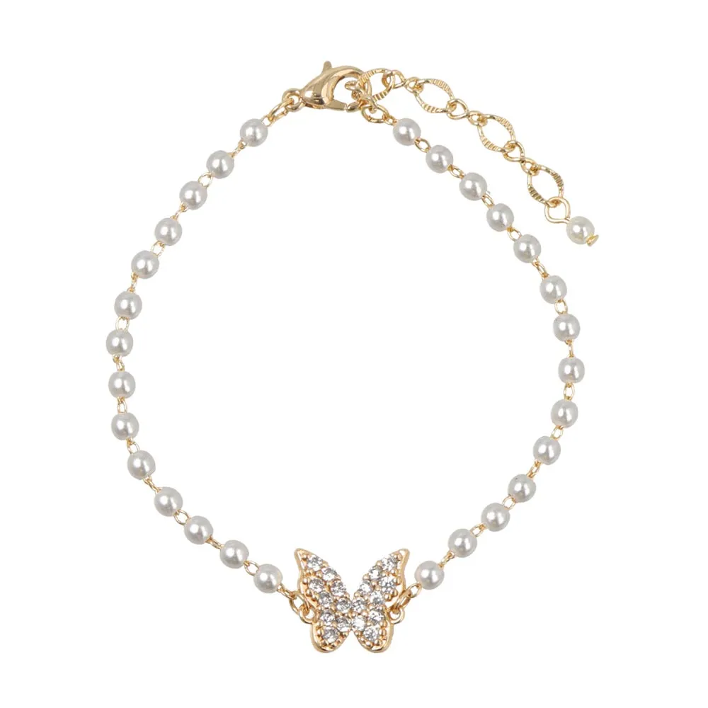 Pave Butterflu Pearly Chain Bracelet