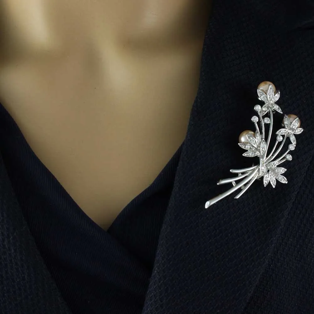 Peach Pearls and Clear Crystals Flower Buds Brooch Pin - PRP040PC