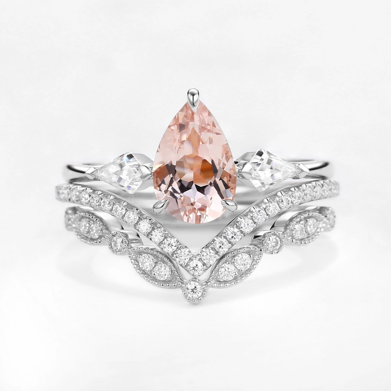 Fresh Style Peachy Morganite & Moissanite Three Stone Ring Set 3pcs