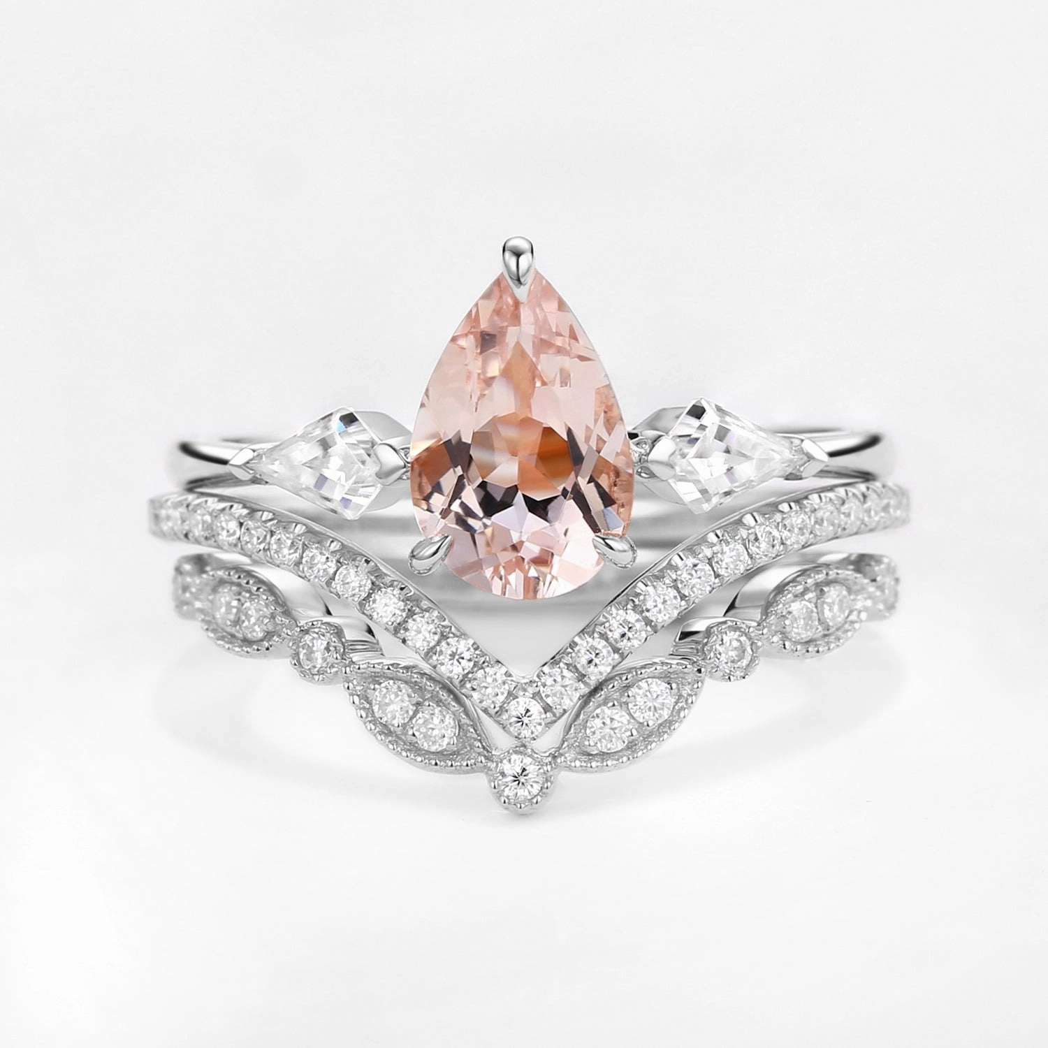 Trendy Style Peachy Morganite & Moissanite Three Stone Ring Set 3pcs